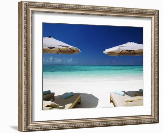 Deck Chairs and Tropical Beach, Maldives, Indian Ocean, Asia-Sakis Papadopoulos-Framed Photographic Print