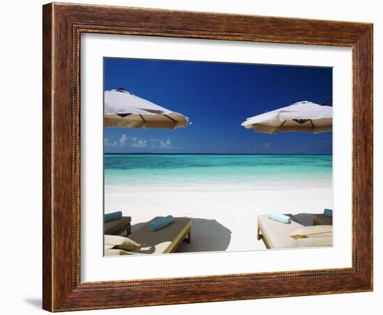 Deck Chairs and Tropical Beach, Maldives, Indian Ocean, Asia-Sakis Papadopoulos-Framed Photographic Print