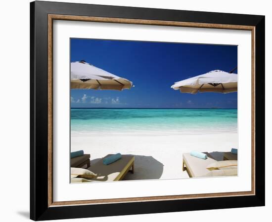 Deck Chairs and Tropical Beach, Maldives, Indian Ocean, Asia-Sakis Papadopoulos-Framed Photographic Print