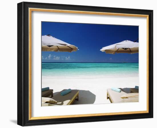 Deck Chairs and Tropical Beach, Maldives, Indian Ocean, Asia-Sakis Papadopoulos-Framed Photographic Print