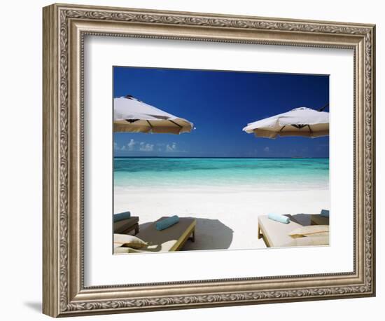 Deck Chairs and Tropical Beach, Maldives, Indian Ocean, Asia-Sakis Papadopoulos-Framed Photographic Print