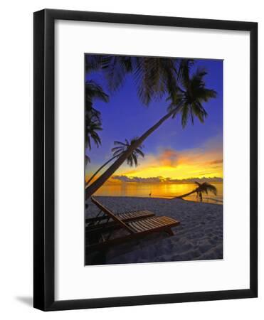 'Deckchair on Tropical Beach by Palm Tree at Dusk and Blue Heron ...