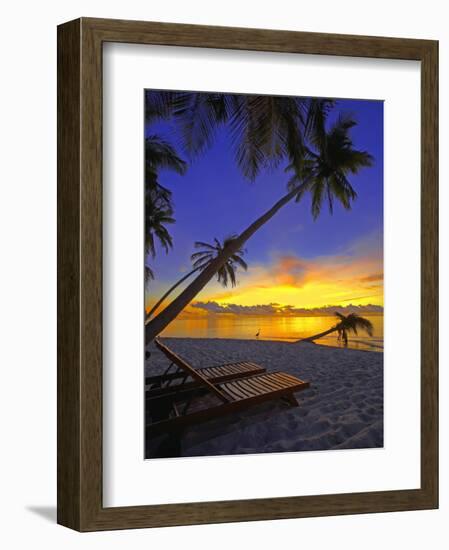 Deckchair on Tropical Beach by Palm Tree at Dusk and Blue Heron, Maldives, Indian Ocean-Papadopoulos Sakis-Framed Photographic Print