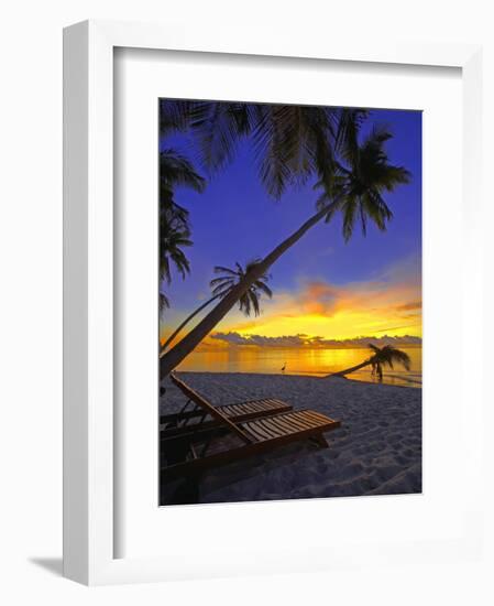 Deckchair on Tropical Beach by Palm Tree at Dusk and Blue Heron, Maldives, Indian Ocean-Papadopoulos Sakis-Framed Photographic Print