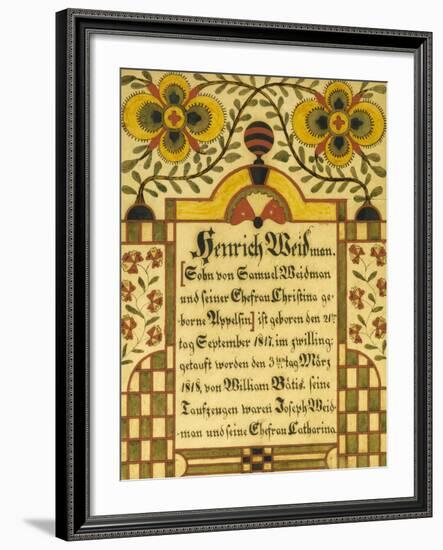 Decorated Birth and Baptism Record, Lancaster County, Pennsylvania, c.1828-Samuel Bentz-Framed Giclee Print