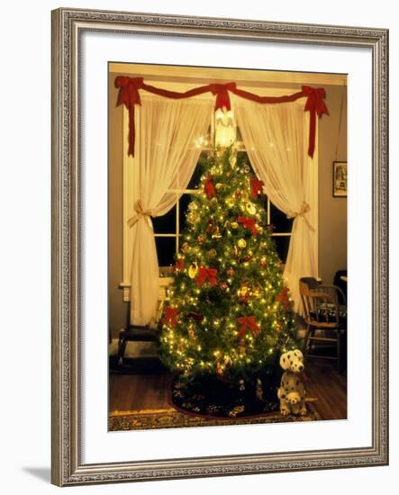 Decorated Christmas Tree Displays in Window, Oregon, USA-Steve Terrill-Framed Photographic Print