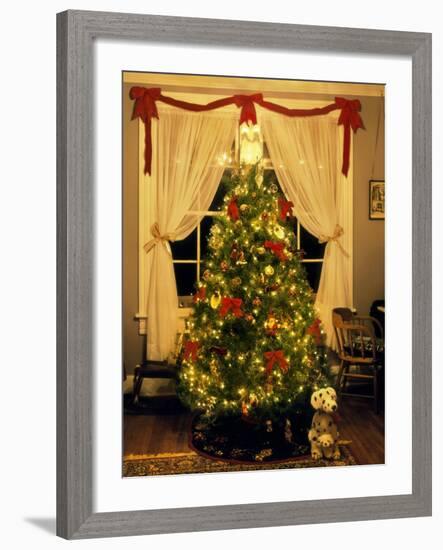 Decorated Christmas Tree Displays in Window, Oregon, USA-Steve Terrill-Framed Photographic Print