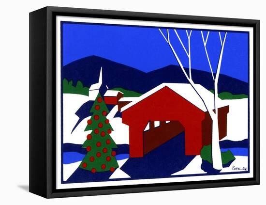 Decorated Christmas Tree Next to Covered Bridge-Crockett Collection-Framed Premier Image Canvas