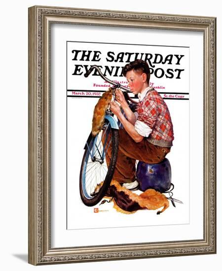 "Decorating His Bike," Saturday Evening Post Cover, March 20, 1937-Douglas Crockwell-Framed Giclee Print