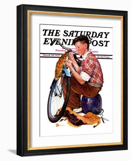 "Decorating His Bike," Saturday Evening Post Cover, March 20, 1937-Douglas Crockwell-Framed Giclee Print