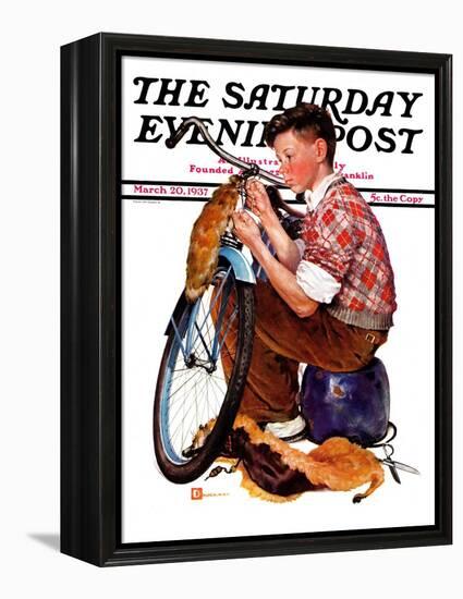 "Decorating His Bike," Saturday Evening Post Cover, March 20, 1937-Douglas Crockwell-Framed Premier Image Canvas
