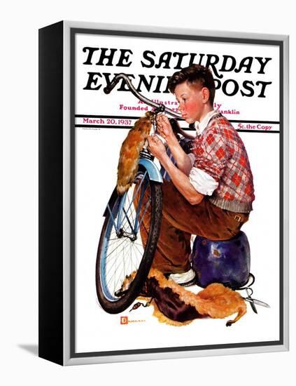 "Decorating His Bike," Saturday Evening Post Cover, March 20, 1937-Douglas Crockwell-Framed Premier Image Canvas