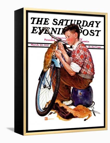 "Decorating His Bike," Saturday Evening Post Cover, March 20, 1937-Douglas Crockwell-Framed Premier Image Canvas