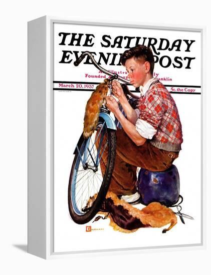 "Decorating His Bike," Saturday Evening Post Cover, March 20, 1937-Douglas Crockwell-Framed Premier Image Canvas