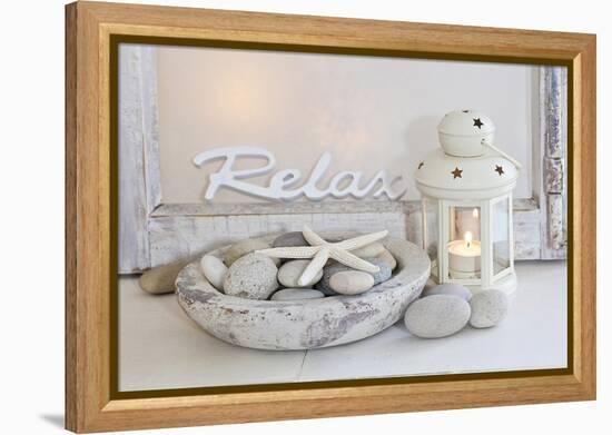 Decoration, White, Window Frame, Lettering, Relax, Lantern, Candle, Bowl, Stones, Starfish-Andrea Haase-Framed Premier Image Canvas