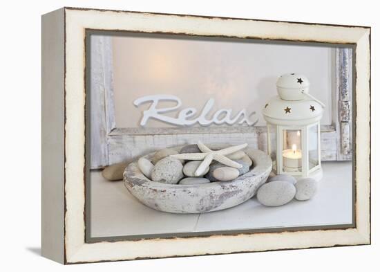 Decoration, White, Window Frame, Lettering, Relax, Lantern, Candle, Bowl, Stones, Starfish-Andrea Haase-Framed Premier Image Canvas