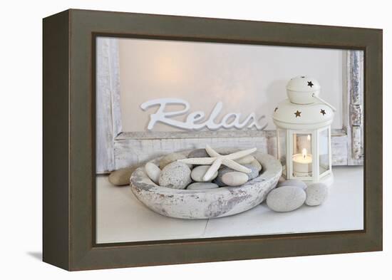 Decoration, White, Window Frame, Lettering, Relax, Lantern, Candle, Bowl, Stones, Starfish-Andrea Haase-Framed Premier Image Canvas