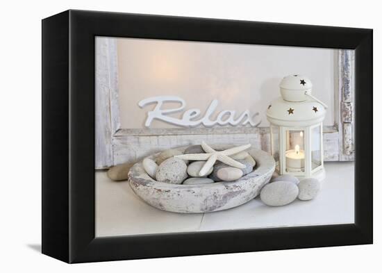 Decoration, White, Window Frame, Lettering, Relax, Lantern, Candle, Bowl, Stones, Starfish-Andrea Haase-Framed Premier Image Canvas