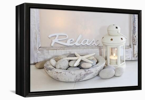 Decoration, White, Window Frame, Lettering, Relax, Lantern, Candle, Bowl, Stones, Starfish-Andrea Haase-Framed Premier Image Canvas