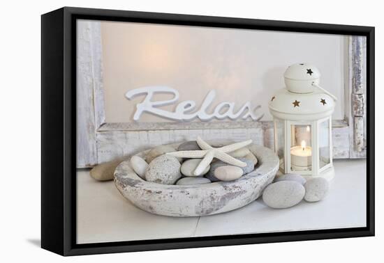 Decoration, White, Window Frame, Lettering, Relax, Lantern, Candle, Bowl, Stones, Starfish-Andrea Haase-Framed Premier Image Canvas