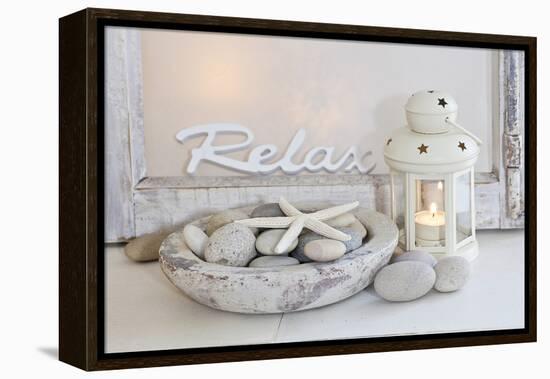 Decoration, White, Window Frame, Lettering, Relax, Lantern, Candle, Bowl, Stones, Starfish-Andrea Haase-Framed Premier Image Canvas