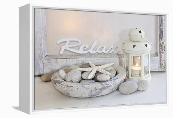 Decoration, White, Window Frame, Lettering, Relax, Lantern, Candle, Bowl, Stones, Starfish-Andrea Haase-Framed Premier Image Canvas