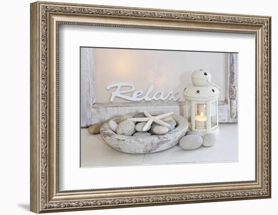 Decoration, White, Window Frame, Lettering, Relax, Lantern, Candle, Bowl, Stones, Starfish-Andrea Haase-Framed Photographic Print