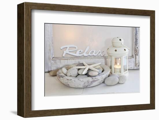 Decoration, White, Window Frame, Lettering, Relax, Lantern, Candle, Bowl, Stones, Starfish-Andrea Haase-Framed Photographic Print