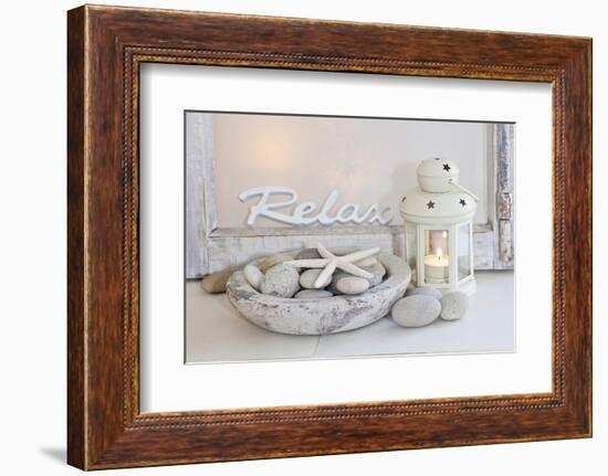 Decoration, White, Window Frame, Lettering, Relax, Lantern, Candle, Bowl, Stones, Starfish-Andrea Haase-Framed Photographic Print