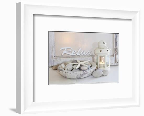 Decoration, White, Window Frame, Lettering, Relax, Lantern, Candle, Bowl, Stones, Starfish-Andrea Haase-Framed Photographic Print