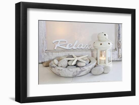 Decoration, White, Window Frame, Lettering, Relax, Lantern, Candle, Bowl, Stones, Starfish-Andrea Haase-Framed Photographic Print