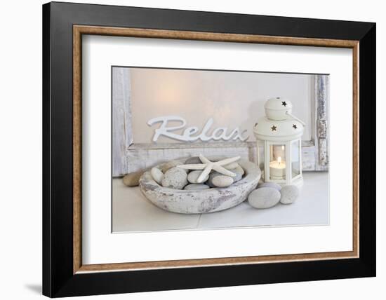 Decoration, White, Window Frame, Lettering, Relax, Lantern, Candle, Bowl, Stones, Starfish-Andrea Haase-Framed Photographic Print