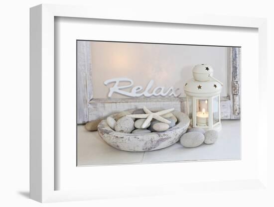 Decoration, White, Window Frame, Lettering, Relax, Lantern, Candle, Bowl, Stones, Starfish-Andrea Haase-Framed Photographic Print