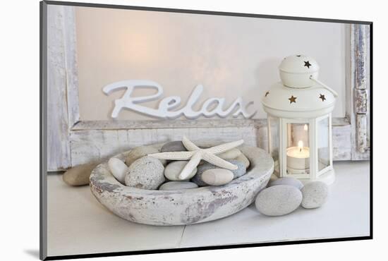 Decoration, White, Window Frame, Lettering, Relax, Lantern, Candle, Bowl, Stones, Starfish-Andrea Haase-Mounted Photographic Print