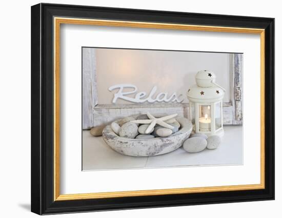 Decoration, White, Window Frame, Lettering, Relax, Lantern, Candle, Bowl, Stones, Starfish-Andrea Haase-Framed Photographic Print