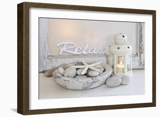 Decoration, White, Window Frame, Lettering, Relax, Lantern, Candle, Bowl, Stones, Starfish-Andrea Haase-Framed Photographic Print