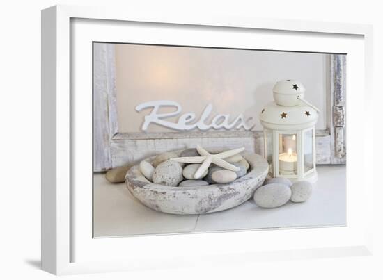 Decoration, White, Window Frame, Lettering, Relax, Lantern, Candle, Bowl, Stones, Starfish-Andrea Haase-Framed Photographic Print