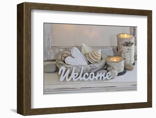 Decoration, White, Window Frame, Welcome, Candles, Bowl, Seashells, Stones, Heart-Andrea Haase-Framed Photographic Print