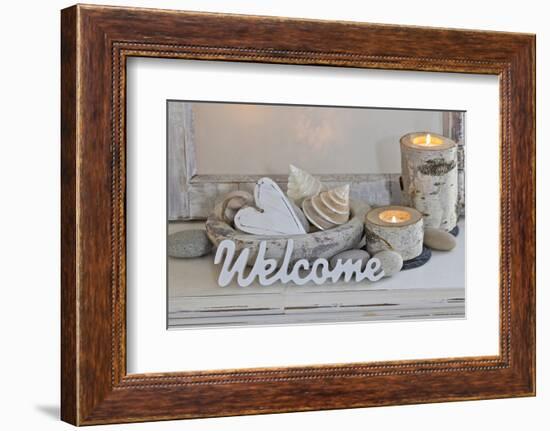 Decoration, White, Window Frame, Welcome, Candles, Bowl, Seashells, Stones, Heart-Andrea Haase-Framed Photographic Print