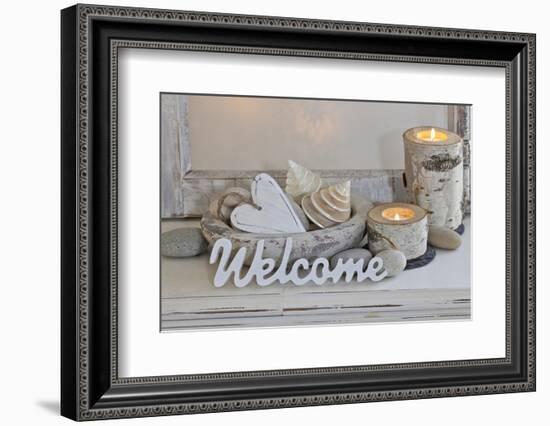 Decoration, White, Window Frame, Welcome, Candles, Bowl, Seashells, Stones, Heart-Andrea Haase-Framed Photographic Print