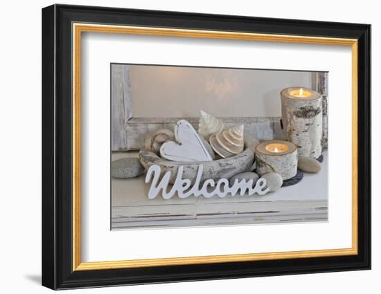 Decoration, White, Window Frame, Welcome, Candles, Bowl, Seashells, Stones, Heart-Andrea Haase-Framed Photographic Print