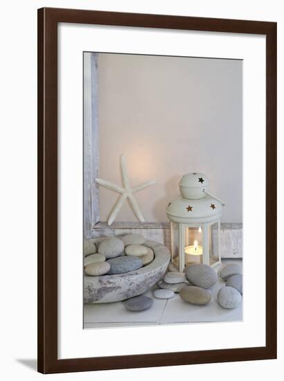 Decoration, White, Window Frames, Lantern, Candle, Bowl, Stones, Starfish-Andrea Haase-Framed Photographic Print