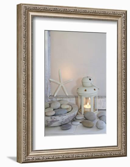 Decoration, White, Window Frames, Lantern, Candle, Bowl, Stones, Starfish-Andrea Haase-Framed Photographic Print