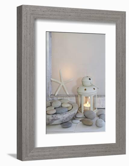 Decoration, White, Window Frames, Lantern, Candle, Bowl, Stones, Starfish-Andrea Haase-Framed Photographic Print