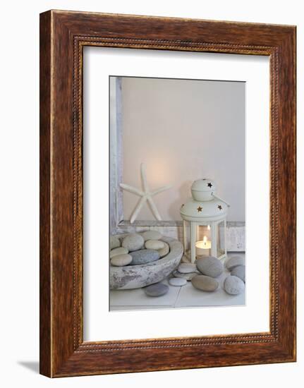 Decoration, White, Window Frames, Lantern, Candle, Bowl, Stones, Starfish-Andrea Haase-Framed Photographic Print