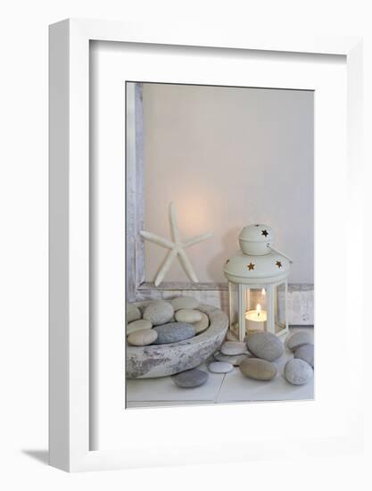 Decoration, White, Window Frames, Lantern, Candle, Bowl, Stones, Starfish-Andrea Haase-Framed Photographic Print