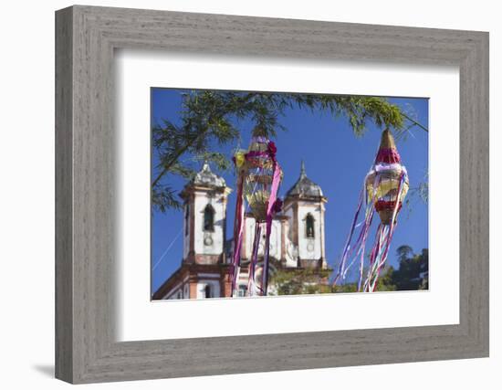 Decorations for Festival with Our Lady of Conceicao de Antonio Dias Church, UNESCO Site, Brazil-Ian Trower-Framed Photographic Print