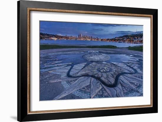 Decorative Concrete Inlay, Gasworks Park Looking At Seattle City Skyline, As Sun Sets In Washington-Jay Goodrich-Framed Photographic Print