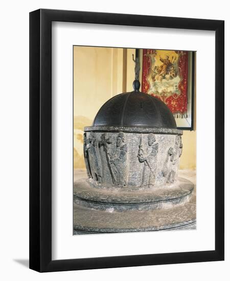 Decorative Detail of 12th Century Stone Baptismal Font, Baptistery of San Lorenzo, Chiavenna, Italy-null-Framed Giclee Print