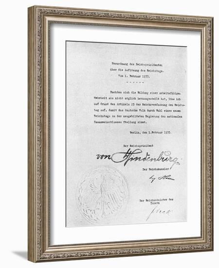 Decree from Hindenburg ordering dissolution of the Reichstag from 1 February 1933-Anon-Framed Photographic Print